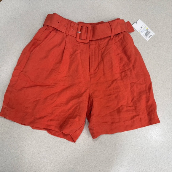 a new day Pants - a new day Women's High Waist Orange Shorts with Buckle Linen Blend